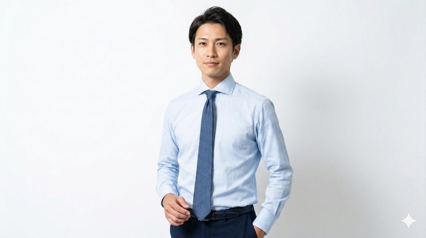 ジャケットなしでも信頼感を与える、ライトブルーのワイシャツとネクタイを着用した40代男性マネージャー⁠