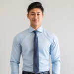 完璧なサイズ感のサックスブルーのオーダーシャツを着こなす40代男性マネージャー