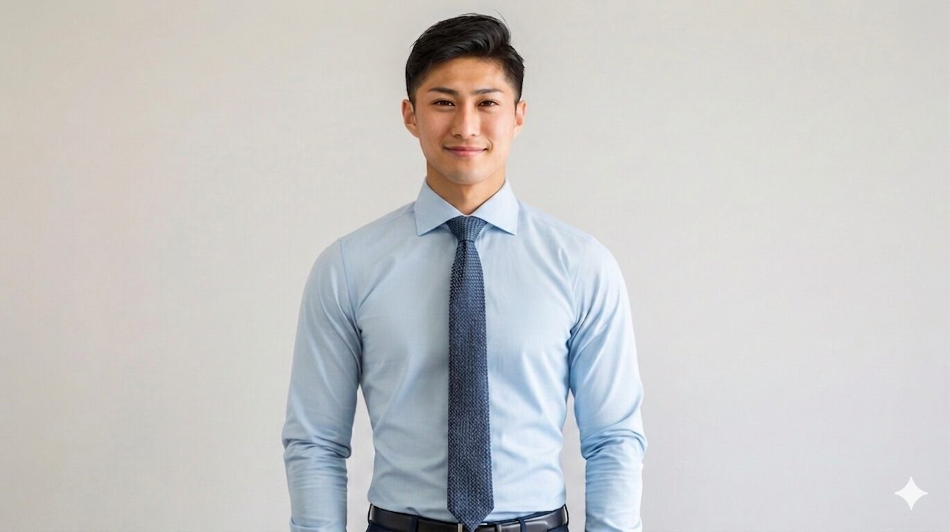 完璧なサイズ感のサックスブルーのオーダーシャツを着こなす40代男性マネージャー