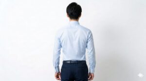 背中のダブつきや風船のような膨らみがない、ジャストサイズのワイシャツの美しい後ろ姿