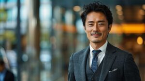 自分の体型にフィットしたスリーピースのオーダースーツで自信と信頼感を与える40代マネージャー