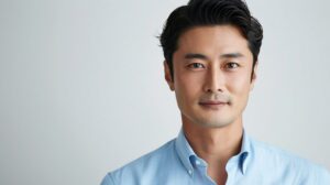 サックスブルーのオーダーシャツを真摯に着こなす、清潔感と信頼感のある40代管理職の男性