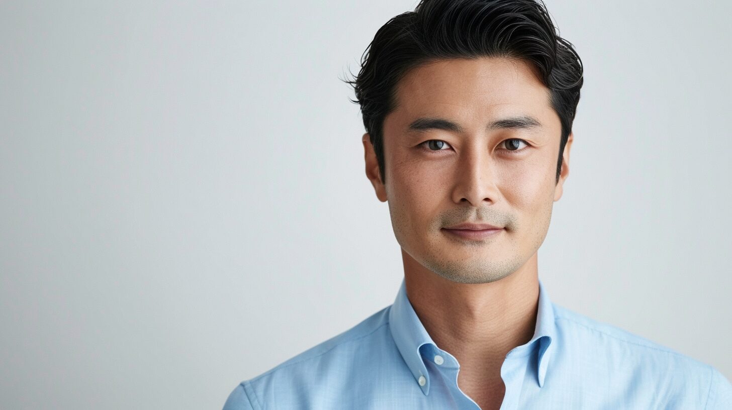 サックスブルーの半袖オーダーシャツをジャストサイズで着こなす40代男性マネージャー