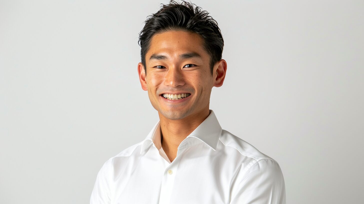 ジャストサイズの白いオーダーシャツをスマートに着こなす、清潔感と自信に満ちた40代ビジネスマン